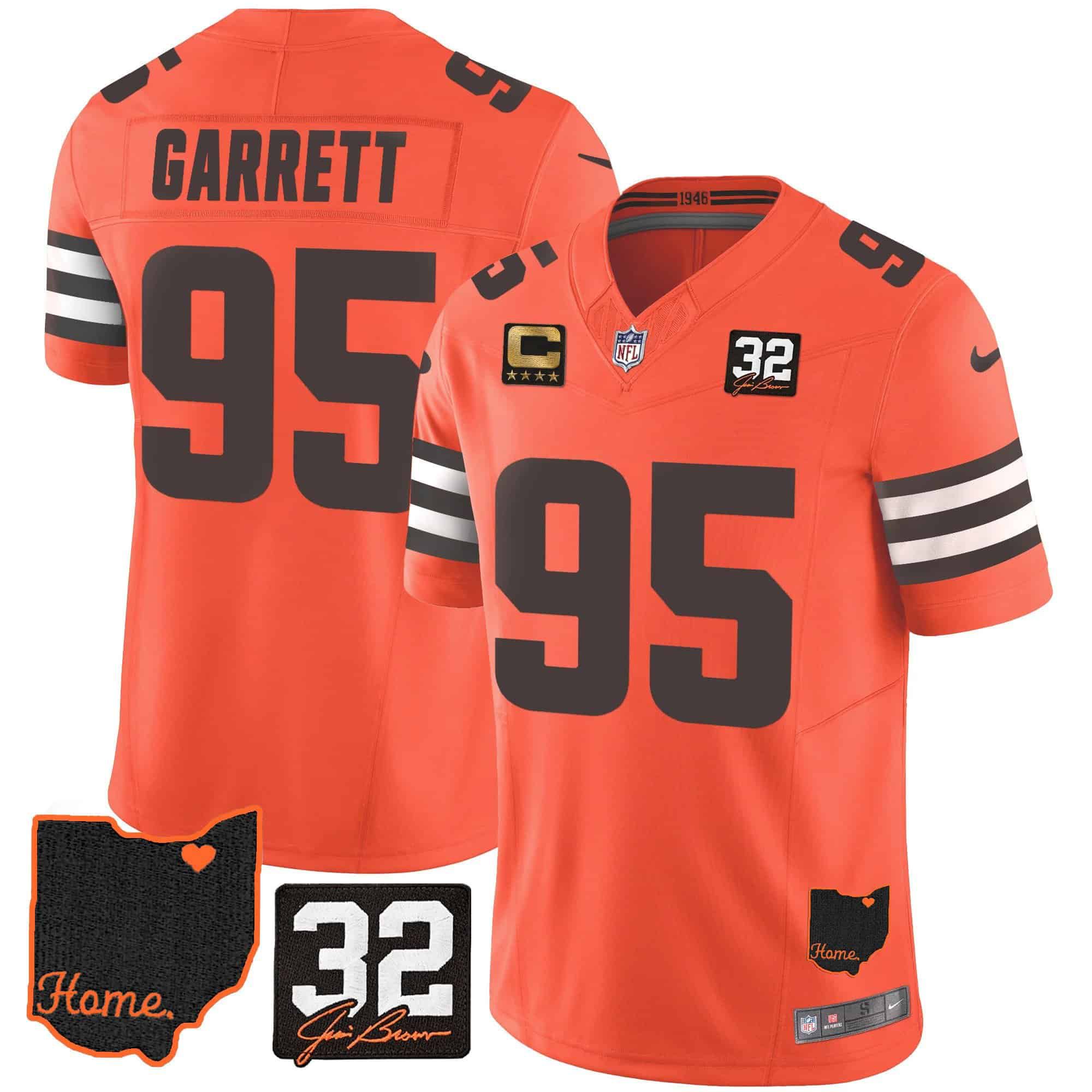 Men Cleveland Browns 95 Garrett Orange Memorial Home Patch 2024 Nike NFL Jersey